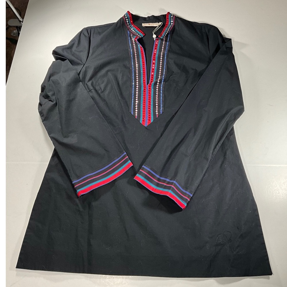 Tory Burch Black Embellished Crystal Tunic Top Size 12 Long Sleeve Cotton 33464